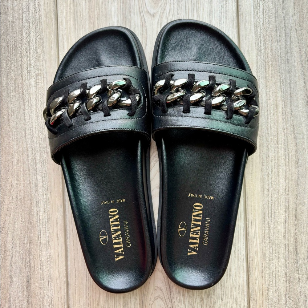 Valentino Black Leather Chain Slide Sandals - Picture 2 of 4